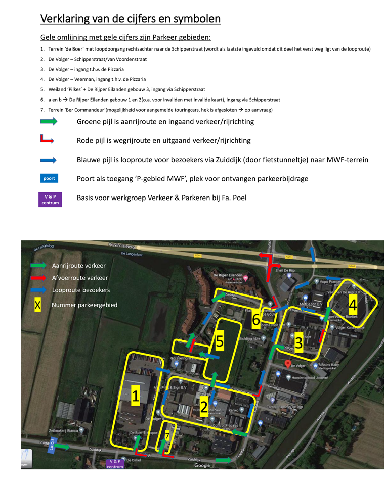 Parkeerterreinen De Rijp. Groen: aanrijroute verkeer, Blauw: looproute bezoekers, Rood: Afvoerroute verkeer.